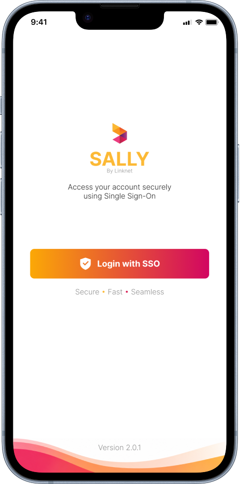 SALLY login screen with a single Login with SSO button, Secure, Fast, and Seamless tagline